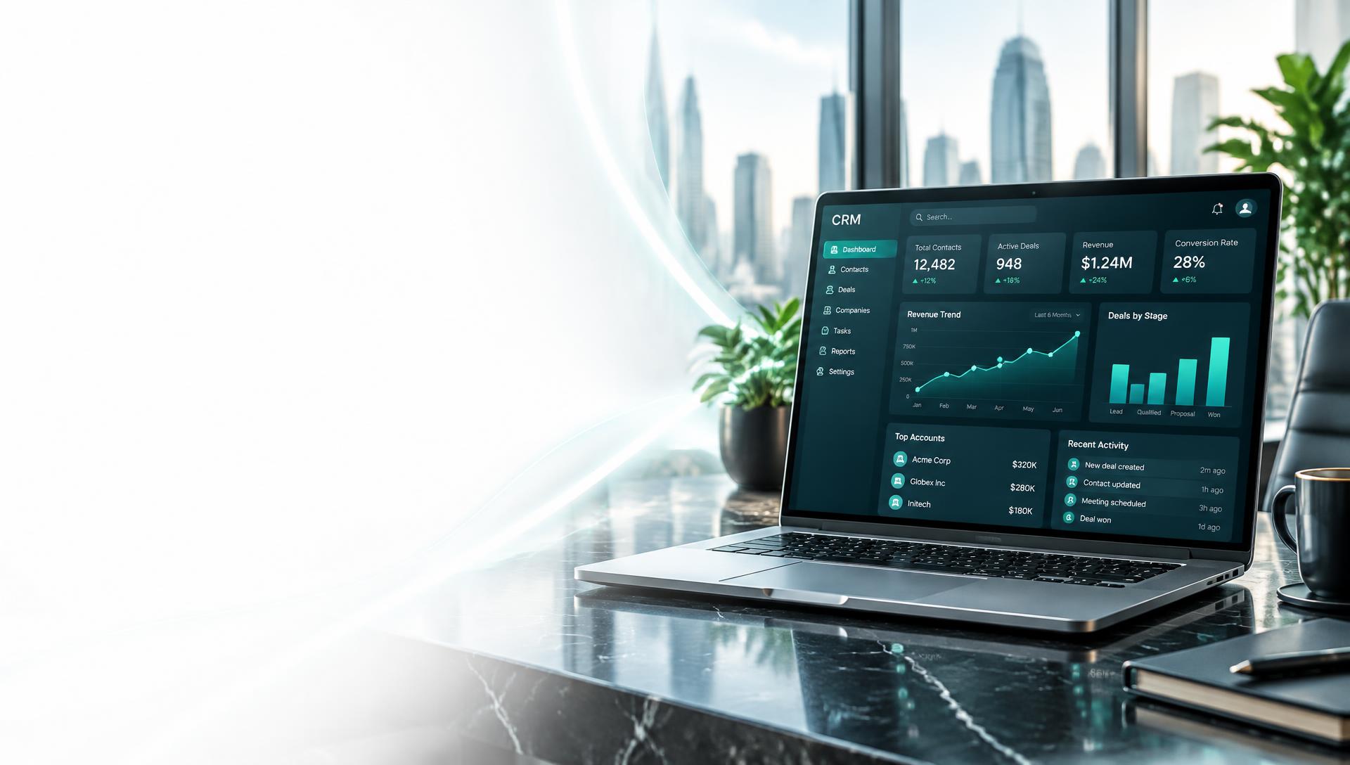 Laptop showing an AutoFlow CRM dashboard on an office desk